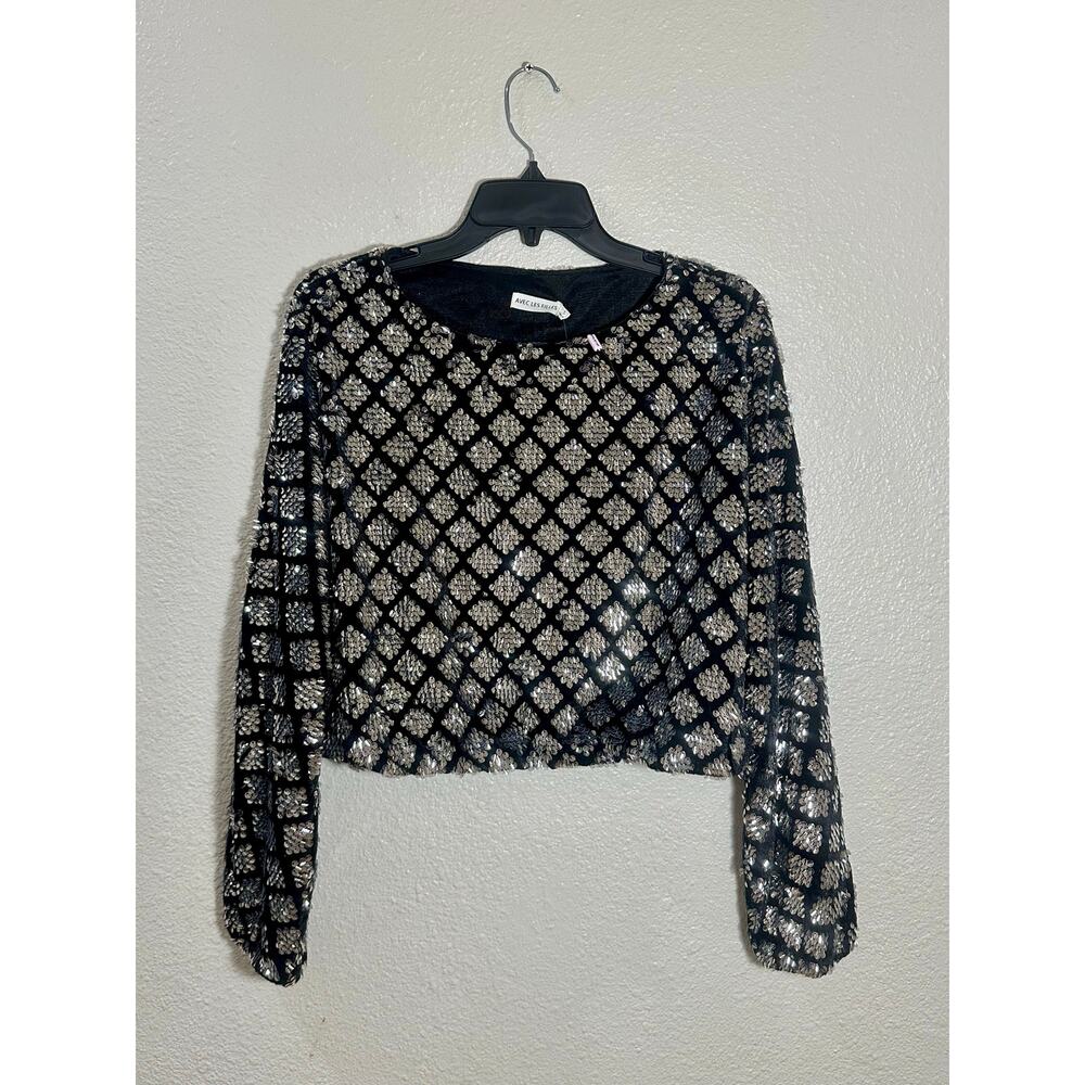 Avec Les Filles Black & Silver Sequin Cropped Long Sleeve Top, NWT